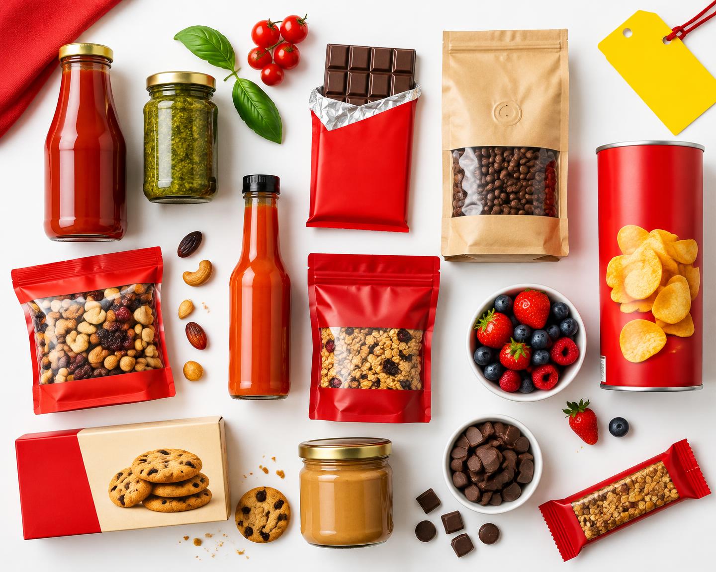 Förpackningar från små varumärken: drycker, snacks, choklad, kaffe och chilisås på en ekhylla
